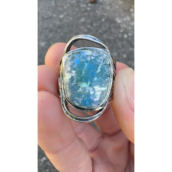 Vintage PZ Israel Roman Glass & Sterling Silver Ring, Size 8.8 by Paz Blue 925 - Picture 16 of 16